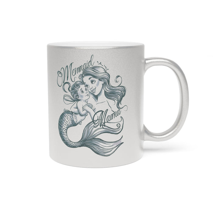 Mermaid Mama Metallic Mug – Fine Line Mermaid Mama & Baby Illustration | 11oz | Gold or Silver Metallic Finish | Mother’s Day Gift for Mermaid Mom
