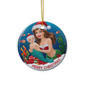 Mermaid Mom Christmas Ceramic Ornament – Mermaid Mama & Baby in Santa Hats Underwater Scene | 2.76” Circle | Glossy Finish | Gold Hanging String