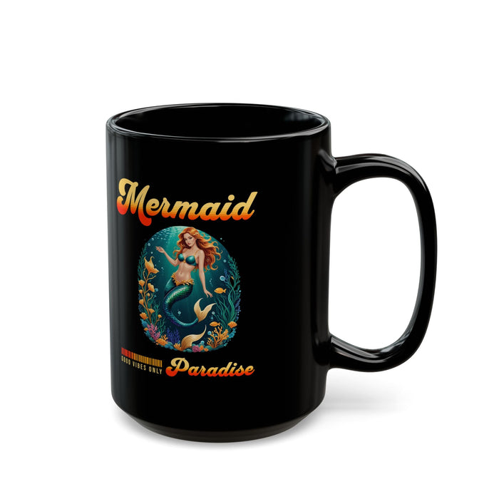 Mermaid Paradise Black Mug – Retro Tropical Ocean Design ‘Good Vibes Only’ | 11oz or 15oz Ceramic | Microwave & Dishwasher Safe | Mermaid Coffee Cup Gift