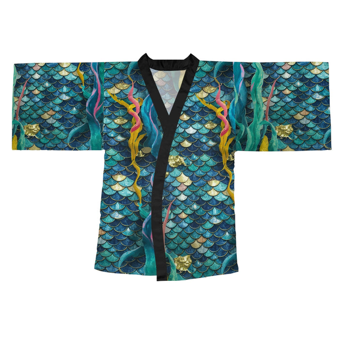 Mermaid Scale Party Kimono – Stained Glass Teal & Gold Mosaic Scale Print | XS–2XL | Black or White Trim | Festival Beach Wedding Coastal Cover-Up
