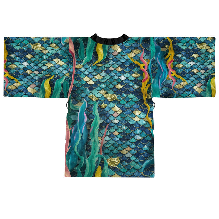 Mermaid Scale Party Kimono – Stained Glass Teal & Gold Mosaic Scale Print | XS–2XL | Black or White Trim | Festival Beach Wedding Coastal Cover-Up