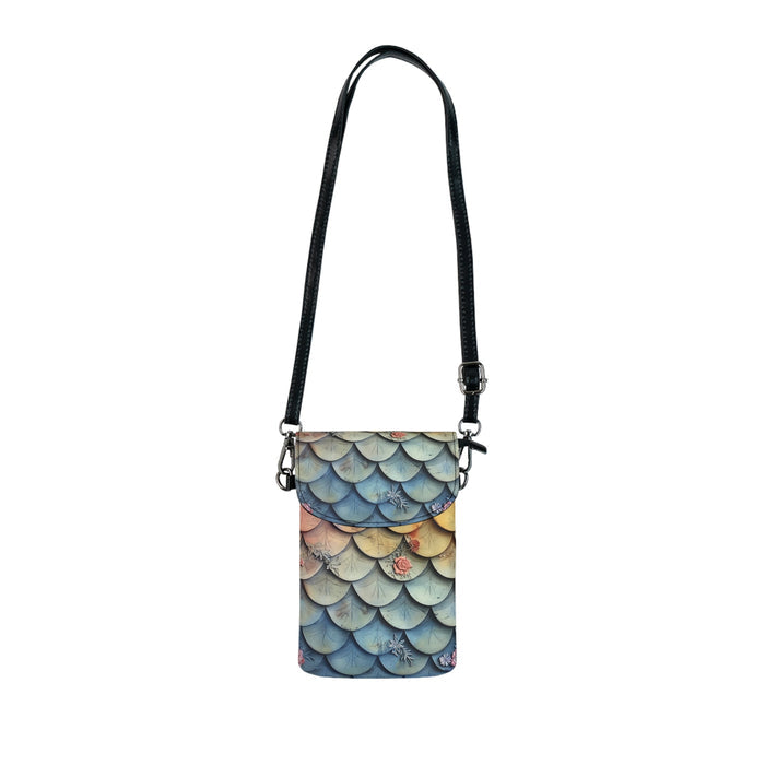 Mermaid Scale Phone Wallet Crossbody – 3D Sculptural Pastel Scale & Floral Relief Print | 7.5” × 4.9” Microfiber | Detachable Strap | Ocean Cottagecore Bag Gift