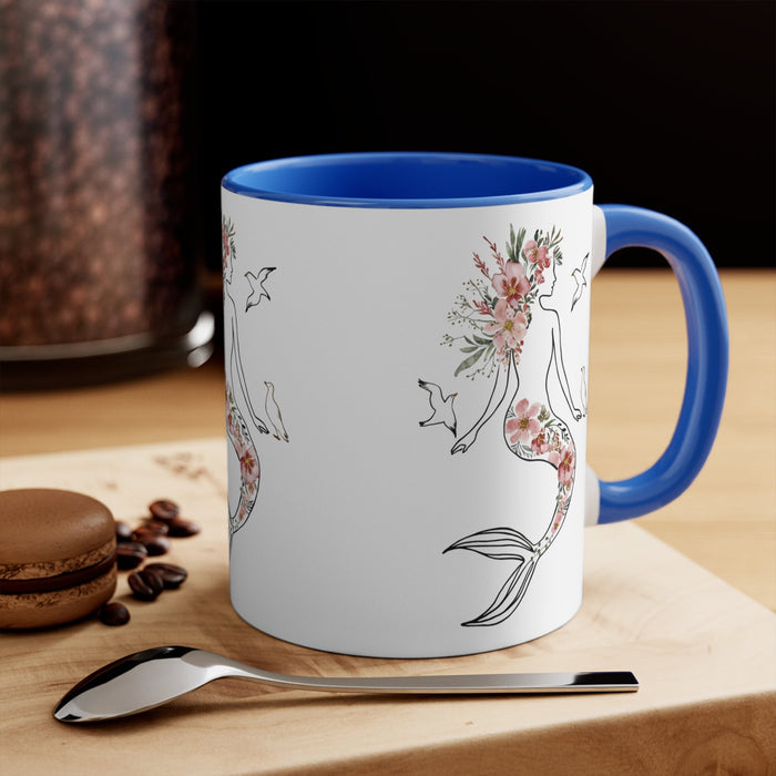 Mermaid Silhouette Botanical Floral Mug – Elegant Line Art Mermaid with Wild Blooms & Seagulls | 11oz Blue Accent Ceramic | Coastal Botanical Ocean Gift