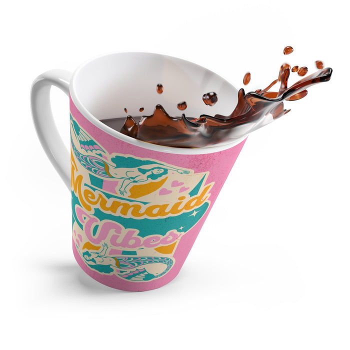 Mermaid Vibes Latte Mug – Retro 70s Pink Mermaid Design with Gold Script | 12oz White Ceramic | Groovy Ocean Coffee Gift
