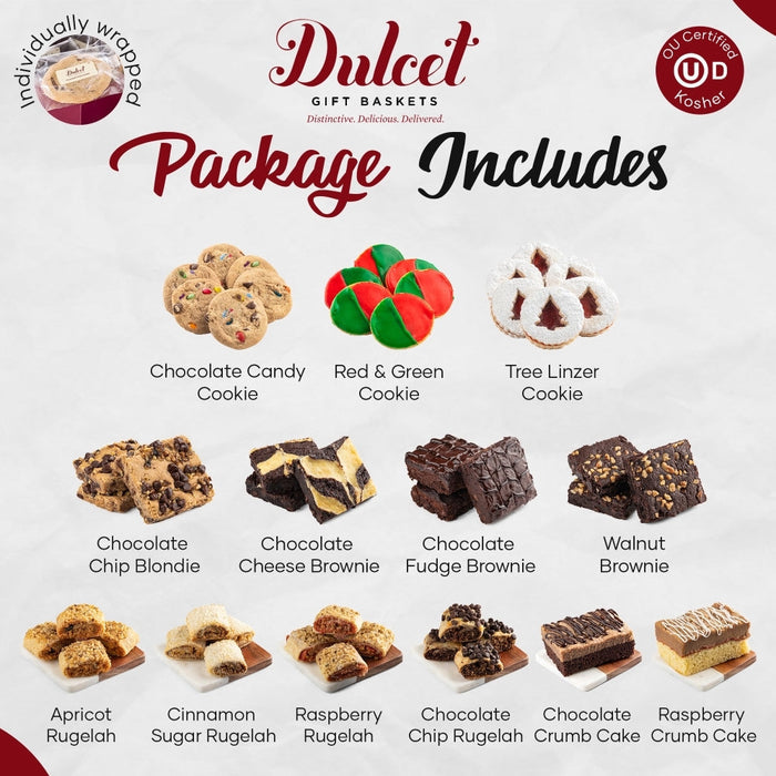 Dulcet gift basket package includes assorted cookies, brownies, and candy pieces