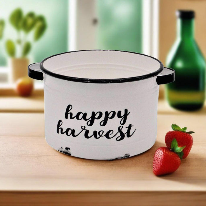Happy harvest gift basket in white enamel bucket with lid and strawberries