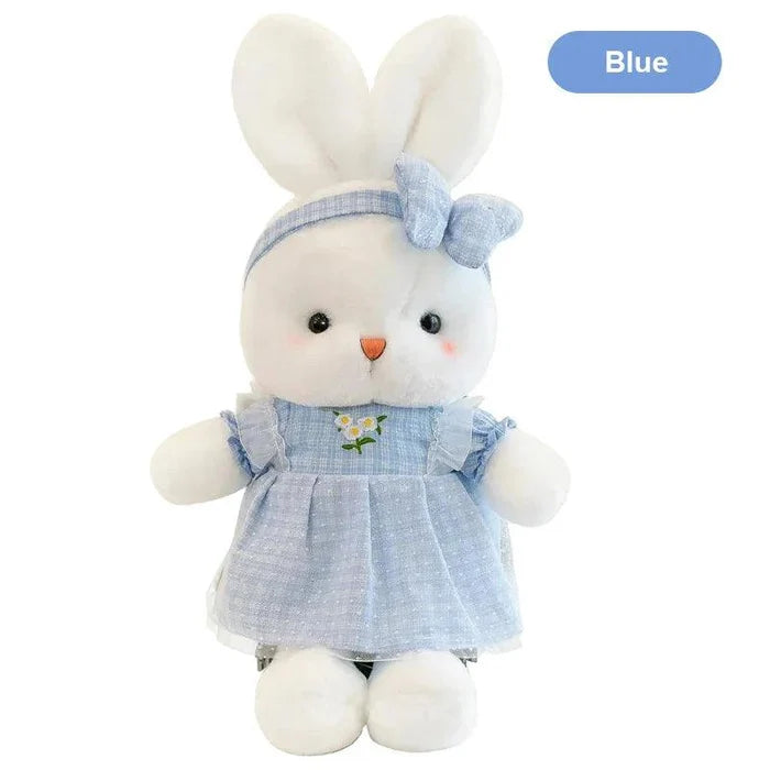 Blue bunny plush doll with bow headband and light blue ruffled dress
