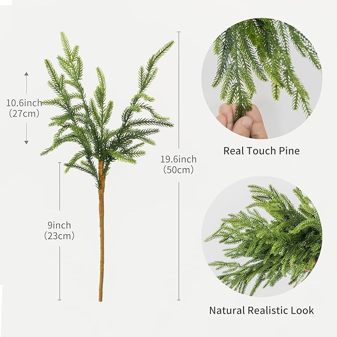 Artificial green pine branch stem with realistic needle clusters on a flexible faux spray