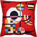 Red abstract embroidered wool throw pillow cover with geometric figure in multicolor