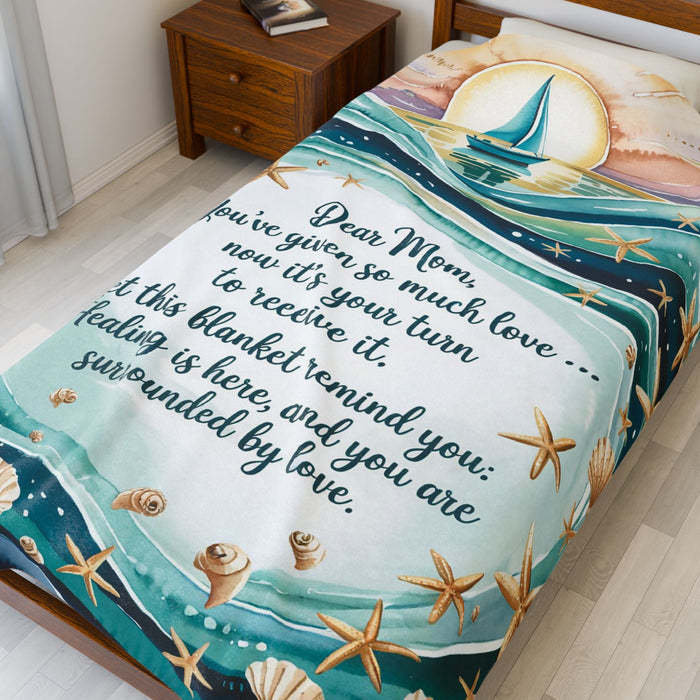 Mom Healing & Love Velveteen Plush Blanket – You’ve Given So Much, Now It’s Your Turn | Word Cloud Teal Throw | 3 Sizes | Comforting Mother’s Day Gift