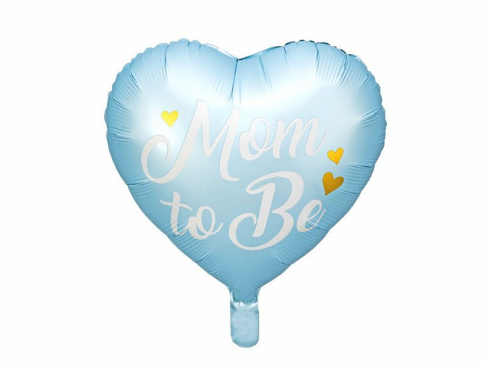 Blue heart balloon with “Mom to Be” text and heart-shaped foil sheen.