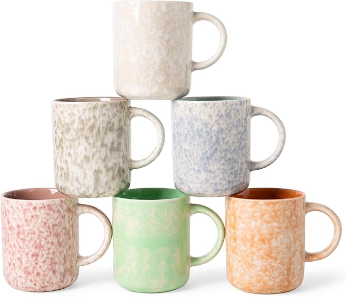 Set of 6 speckled ceramic coffee mugs in pastel colors with curved handles