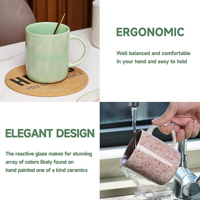 Speckled ceramic coffee mug with mint glaze and curved handle, on a round coaster