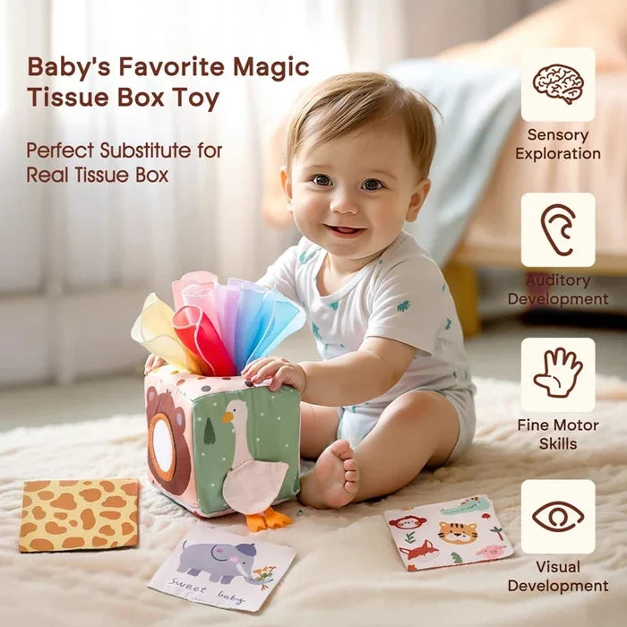 Cloth tissue box toy cube with animal print and pull-out fabric pieces for baby