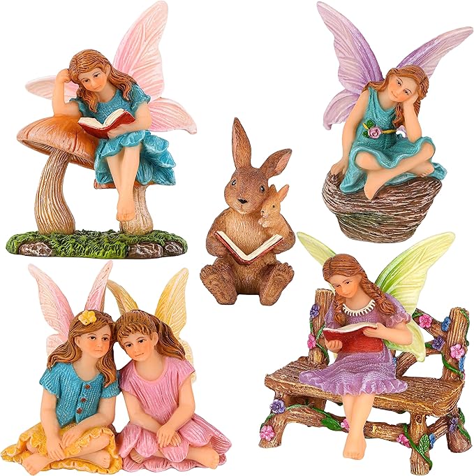 Miniature fairy figurines and bunny reading statue set, pastel dresses and books