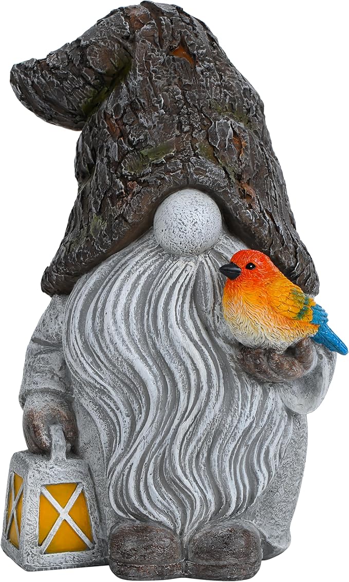 Garden gnome figurine holding a small bird, gray stone hat and swirled robe.