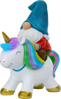 Colorful unicorn lawn figurine with rainbow mane, gold hooves, and gnome in blue hat