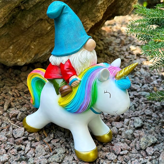 Side view unicorn figurine with rainbow mane, blue gnome hat, and red shirt