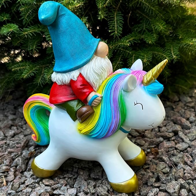 Rear three-quarter view unicorn figurine with rainbow mane and blue-hat gnome rider