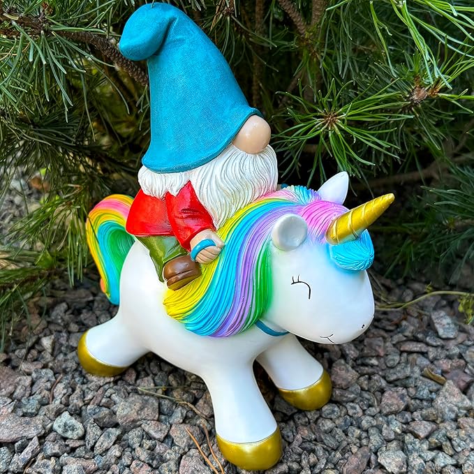 Unicorn garden gnome statue riding unicorn, rainbow mane with horn and gold hooves