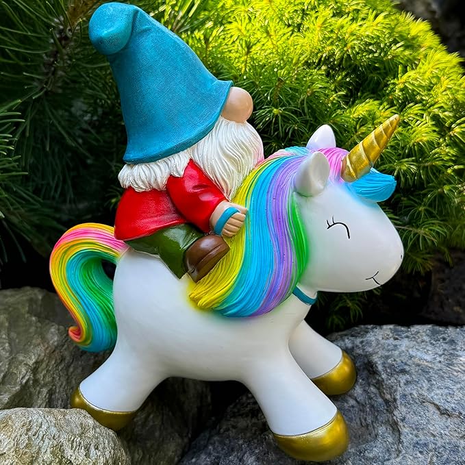 Front-side unicorn figurine with rainbow mane, blue gnome hat, and red outfit