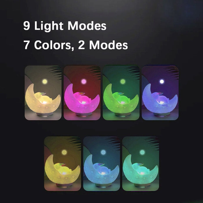 Moon bunny night light speaker showing multiple colored light modes in a glowing crescent