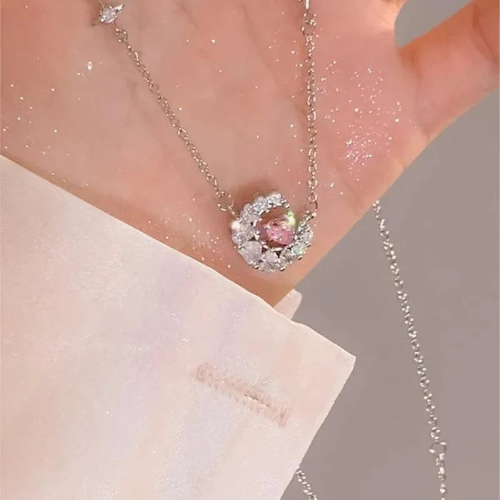 Silver-tone chain necklace with pink oval heart zircon pendant and halo sparkle