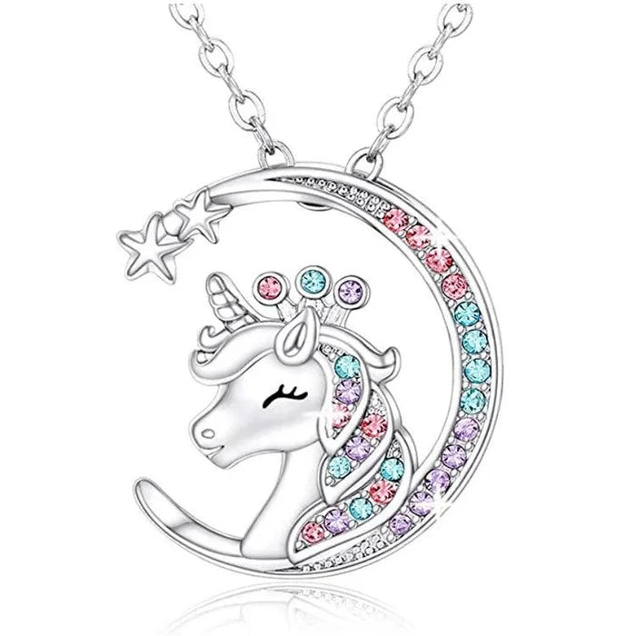 Crescent moon unicorn pendant necklace with multicolor crystal inlay and star accents