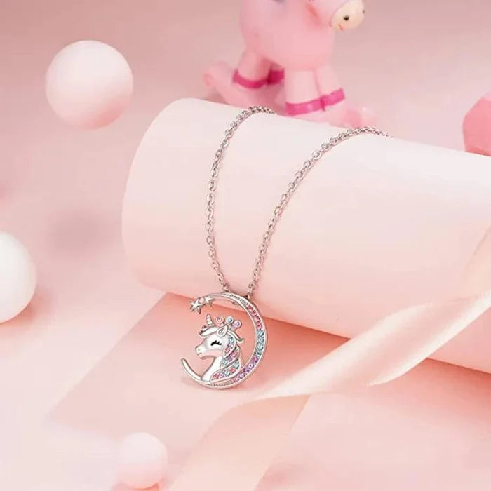 Crescent moon unicorn pendant necklace with multicolor crystals on silver chain