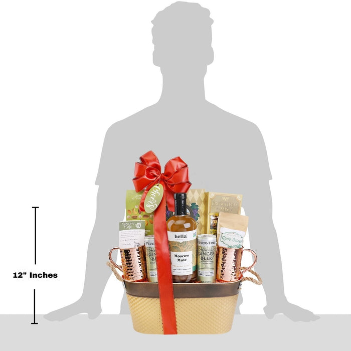 Ginger beer gift basket with red bow, copper mugs, and 12 in size