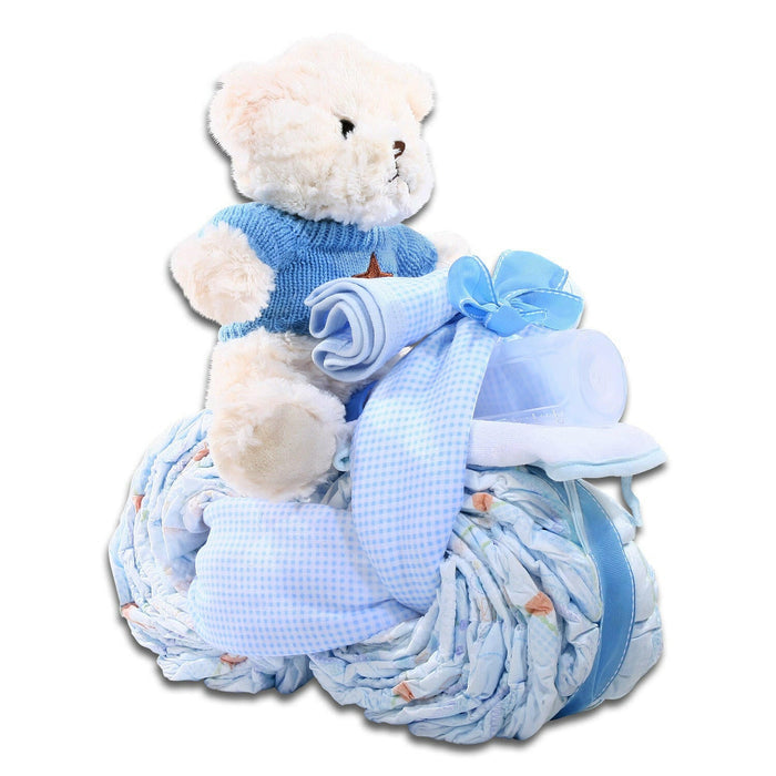 Motorcycle diaper cake gift basket with teddy bear plush, blue ribbon and rolled diapers