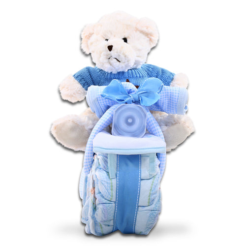 Motorcycle diaper cake with plush bear, light-blue bow, and blue diaper tower