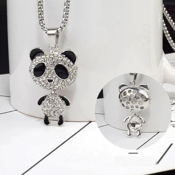 Panda rhinestone pendant necklace with silver chain and one panda face charm.