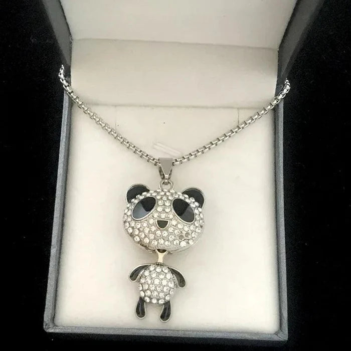 Panda rhinestone pendant necklace with silver chain and a dangling panda charm pair.