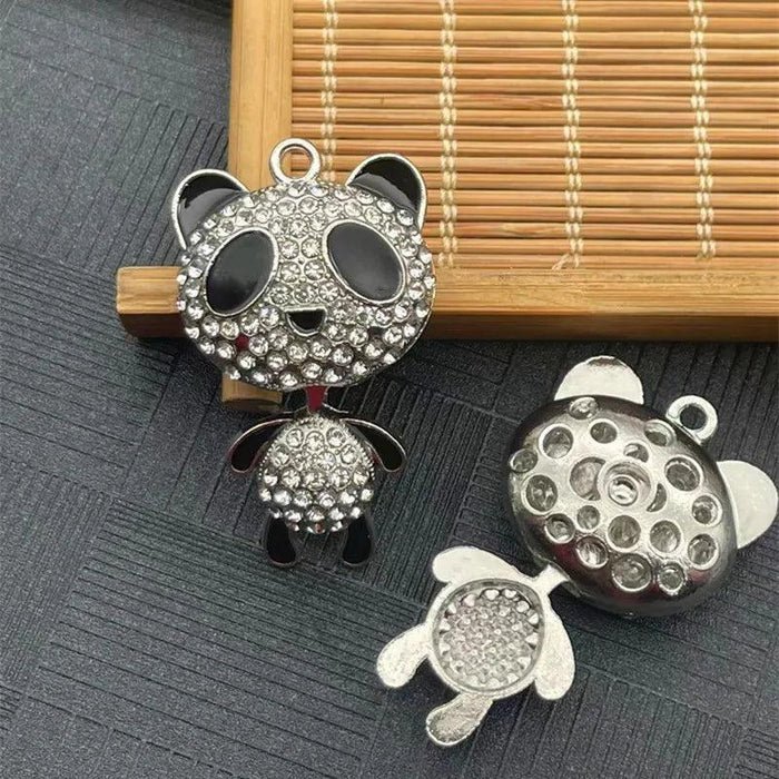 Panda rhinestone charm set with large panda face charm and small panda body charm.