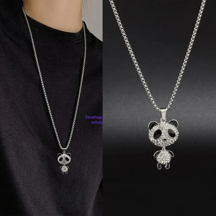 Panda rhinestone pendant on silver chain with black-eyed panda charm.