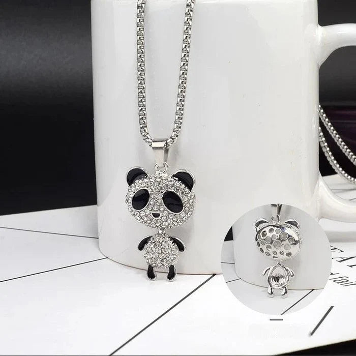 Panda rhinestone pendant necklace with silver chain and panda face plus dangling body charm.