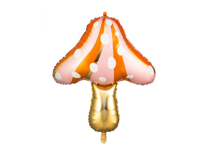 Polka-dot mushroom-shaped foil balloon with gold stem, orange and white