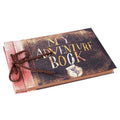 Adventure scrapbook album with dark cover, gold text “MY ADVENTURE BOOK” and rope tie.