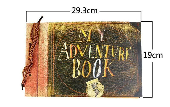 Adventure scrapbook album dimensions shown over cover with “MY ADVENTURE BOOK” title.