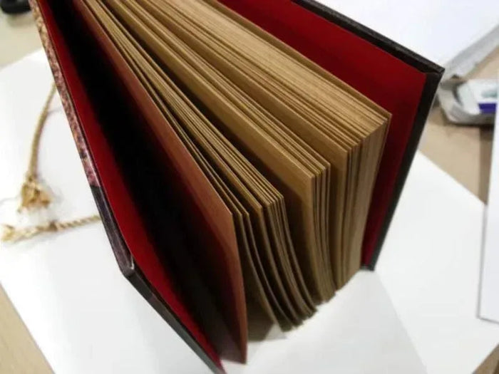 Adventure scrapbook album spine with thick lined page sections inside.