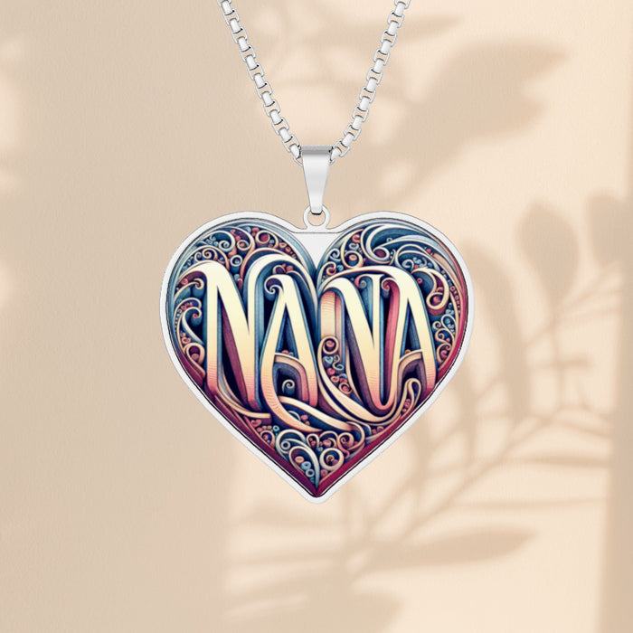 NANA Heart Necklace - Ornate Floral Heart Pendant Gift for Grandma in Stainless Steel, Gold Plated, or Sterling Silver