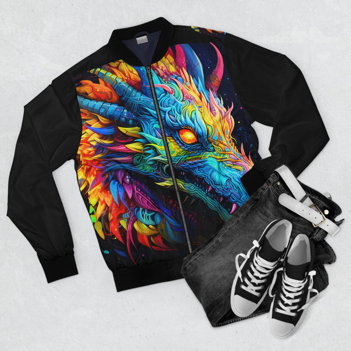 Neon Dragon Bomber Jacket - Psychedelic Multicolor Dragon on Black, Fantasy Festival Streetwear for Men and Women XS to 5XL