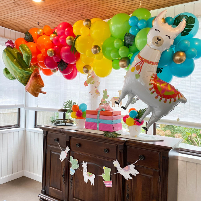 Colorful neon tropical balloon garland with llama and cactus foil balloons