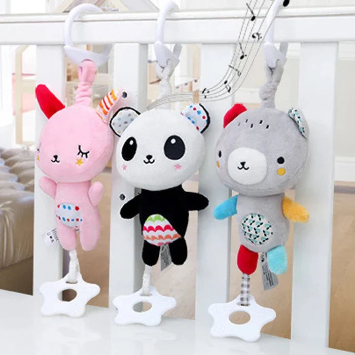Plush stroller hanging rattle toys, three cute animal plush figures on a clip