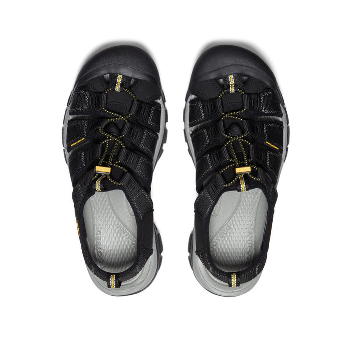 Keen Newport H2 sandals with washable polyester webbing in black and gray, secure lace system and cushioned footbed, top view.