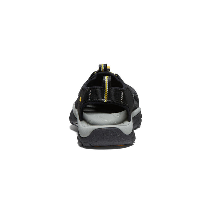 Keen Newport H2 sandals in black and gray with yellow accents, back view showing sturdy heel strap and contoured sole.