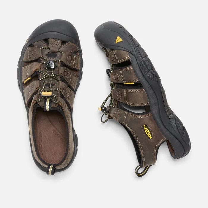 Keen Newport Leather sandals in brown leather with black rubber toe cap and sturdy outsole, top and side view.