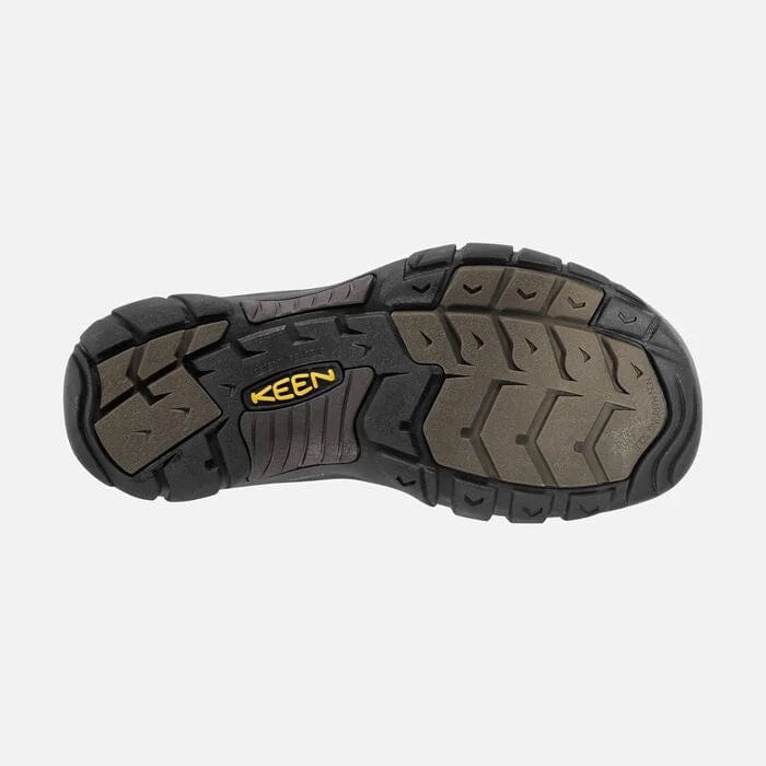 Keen Newport Leather shoe sole featuring non-marking rubber outsole with multi-directional grooves in black and brown.