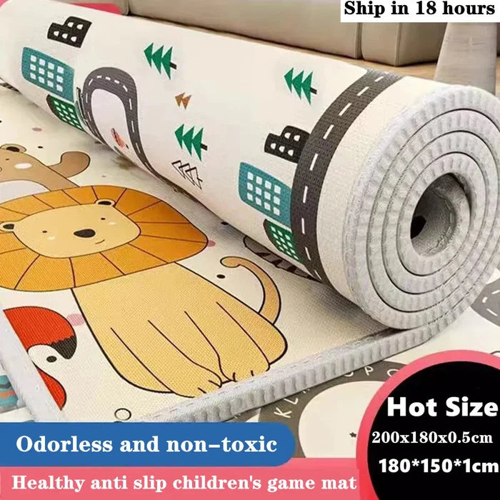 Non-slip play mat with city and road cartoon pattern, rolled edge shown